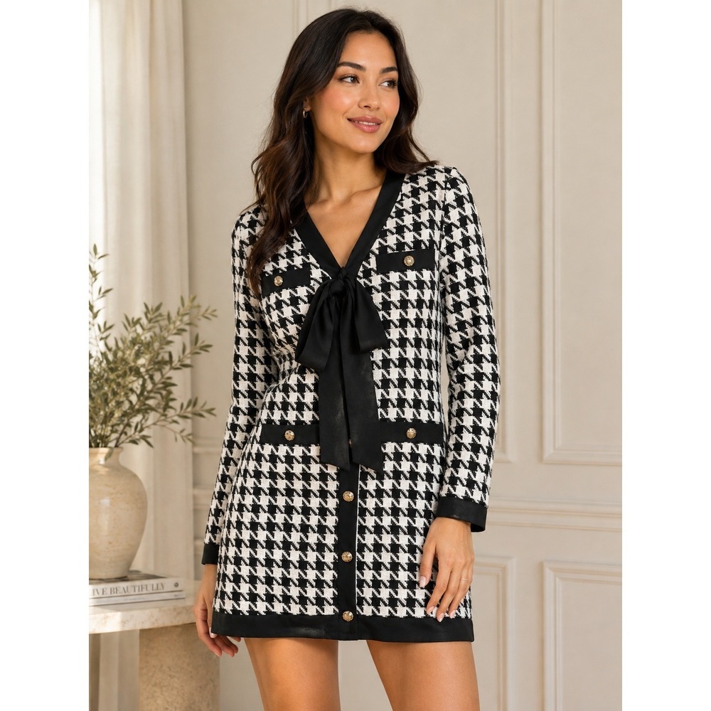 Pomander Place Coco Tweed Dress Houndstooth Parisian Chic Old Money Large NEW